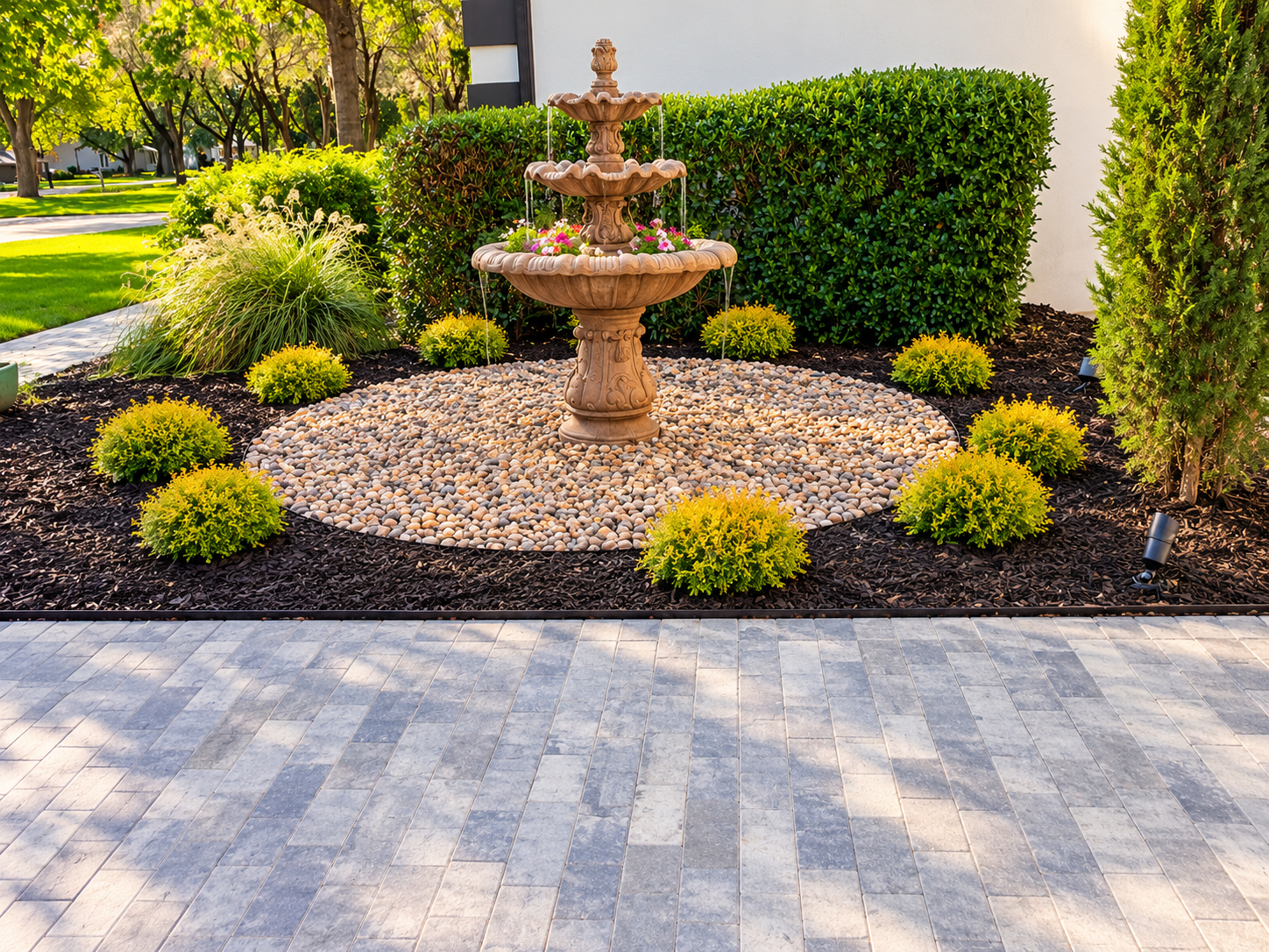 Landscaped garden with maintained lawn and planting beds